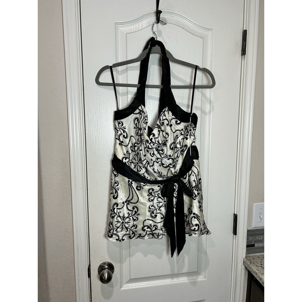 White House Black Market Silk Bustier Halter Top Sz 6 black/white Y2K Club